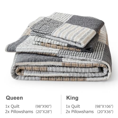 Image of Finlonte King Quilt Bedding Set - 100% Cotton King Size Comforter, Plaid Quilted Bedspread Farmhouse Country Bed Spread, Lightweight Reversible King Quilt Sets All-Season, Gray /Brown /Black /White, 3Pcs