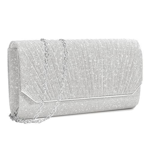 Image of Ladies Pleated Evening Clutches Glitter Envelope Handbag Elegant Small Shoulder Bag for Wedding Party Prom Bridal