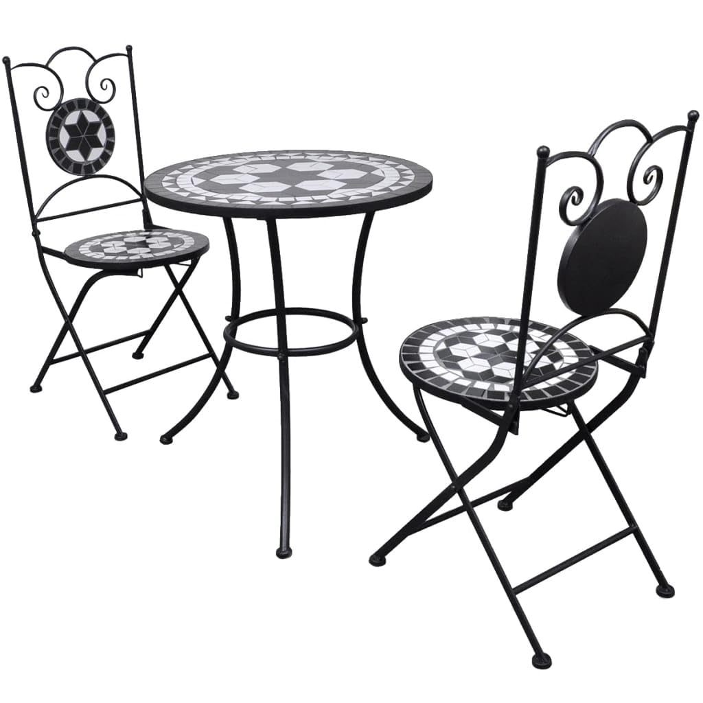 vidaXL Bistro Table 60cm Mosaic with 2 Chairs Black and White Garden Furniture