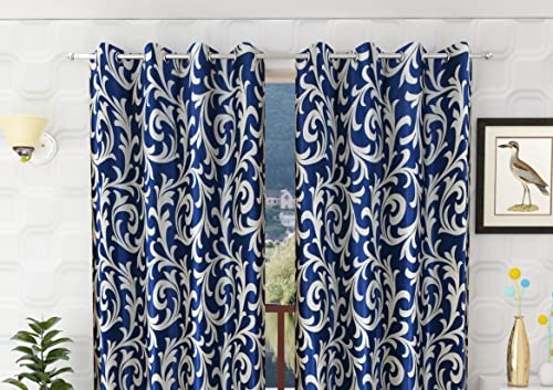 Image of WOAH Polyester Floral Door Curtain Door Window Curtain Premium Polyester Weaved Parda Modern Parde for Living Room Bedroom Home Office Screens Eyelet Ring (7 Feet -Blue3)