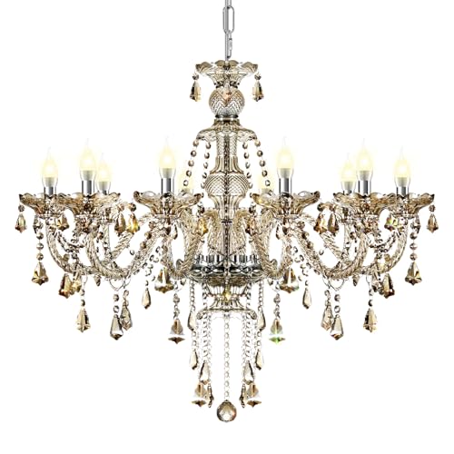 H-YEEU Lustre moderne à 10 ampoules en cristal K9, couleurs cognac, suspension en bougie, éclairage de plafond élégant pour salle à manger, salon, chambre...