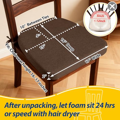 Image of AAAAAcessories D-Shaped Chair Cushions, 2 inch Thick Dining Chair Pads with Ties and Removable, Machine-Washable Cover, 17 inch x 16 inch, Set of 4, Brown