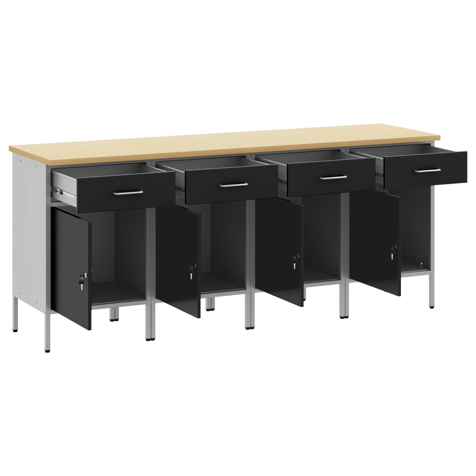 Banco da lavoro con cassetti, 4 pezzi, nero e grigio, 200 x 55 x 85 cm, 200 cm, banco da lavoro (4 cassetti e 4 porte)
