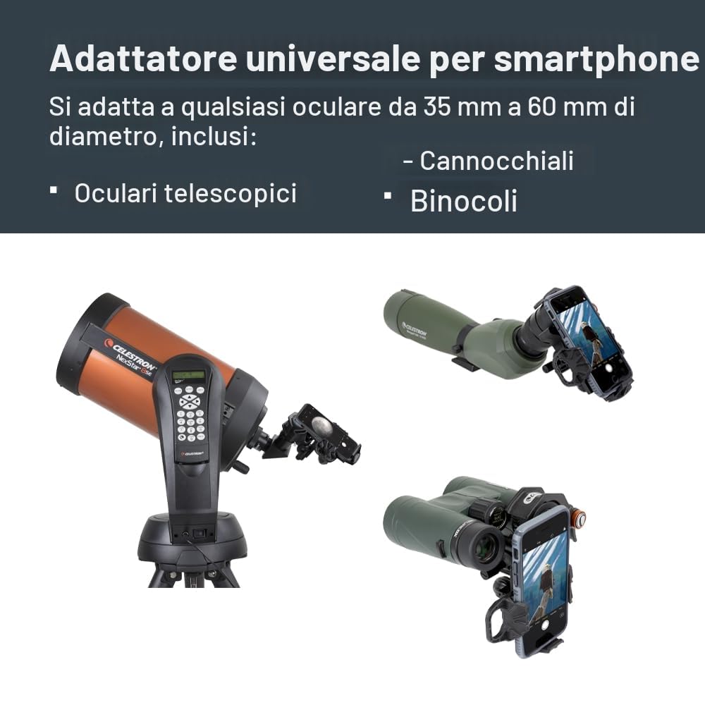 Celestron 81055 NexYZ Adattatore universale per smartphone a 3 assi, design brevettato - funziona con telescopi, cannocchiali, binocoli, monocoli e microscopi, nero