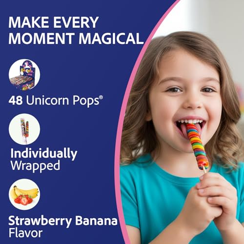 Adams & Brooks Strawberry Banana Mini Unicorn Pops, 1 lb 4 oz Box (48 ct.) - Twisty Unicorn Lollipops, Individually Wrapped Candy for Kids & Adults, Perfect for Birthday Party Favors, Goodie Bags & More - image 2