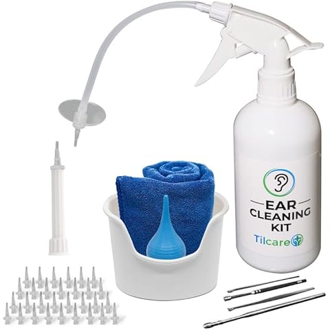 Ohrenschmalz Entferner von Tilcare - Ohrspülsystem für Erwachsene & Kinder - Perfektes Ohrreinigungsset - Beinhaltet Becken, Spritze, Kürette-Set, Handtuch und 30 Einwegspitzen Cover