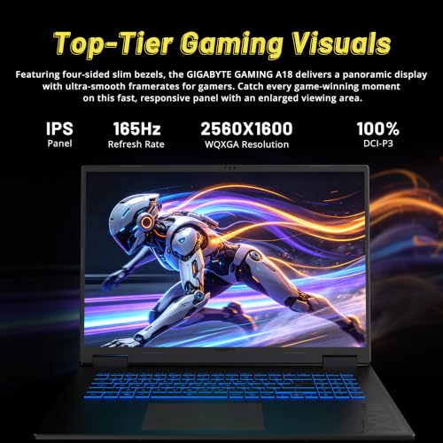 Image of GIGABYTE A18 3VH 18 inch WQXGA 165Hz Gaming Laptop, AMD Ryzen 7 260, NVIDIA GeForce RTX 5060 8GB GDDR7, 64GB DDR5, 5TB Storage (4TB+1TB Docking Station Set), 1-Zone RGB Backlit Keyboard, Win 11, Black