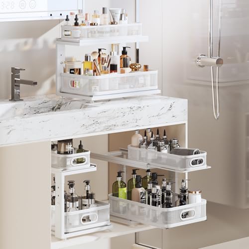 Image of 2 Pack 18.5IN-Depth Under Sink Organizer With Next-Gen Ball-Bearing Slides,2-Tier Precision Mesh Pull Out Cabinet Storage for Bathroom&Kitchen,Height Adjustable Drawers Shelf,Anti-rust-White