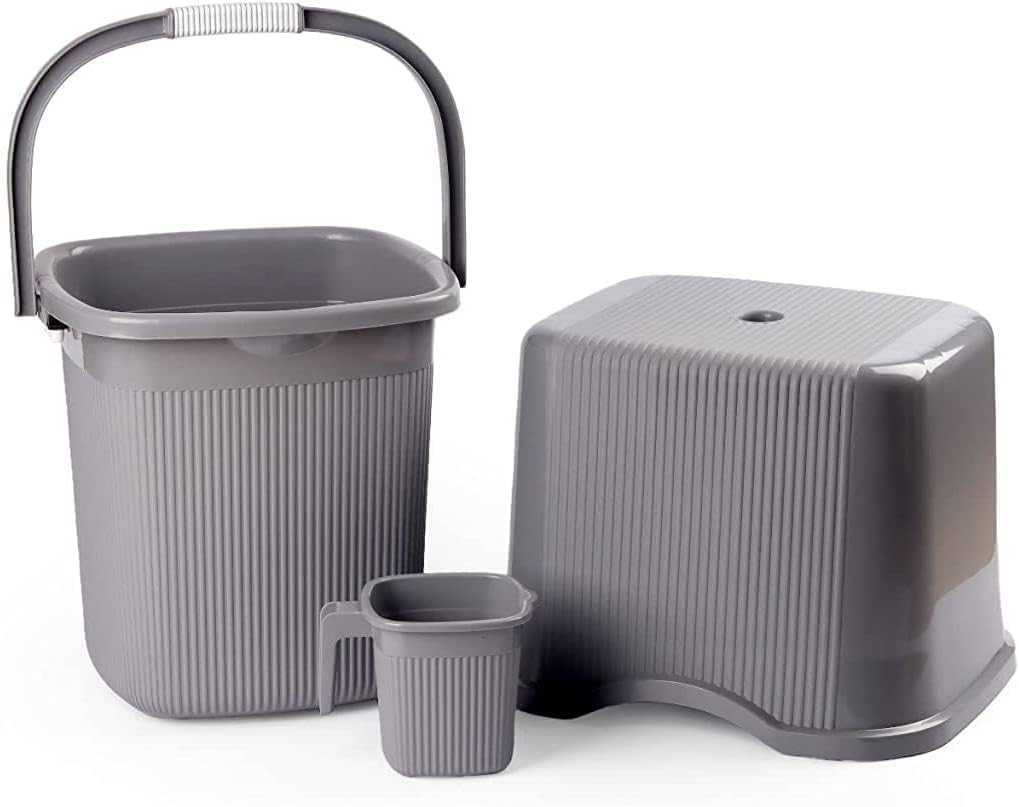 Nayasa Rimmy Strong Plastic Bucket, Mug and Stool Set (3pc Set)| Bathroom Set | (Grey 25 Liter bucket, 1.5ltr Mug, a Stool)
