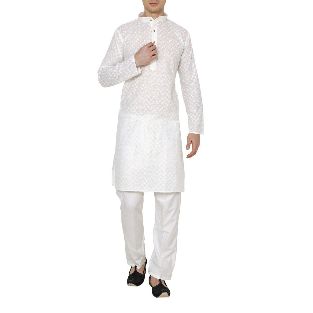 royal kurta Men's 100% Cotton Lucknowi Chikan Ebroidered Kurta Churidar Set for Men-picture-8