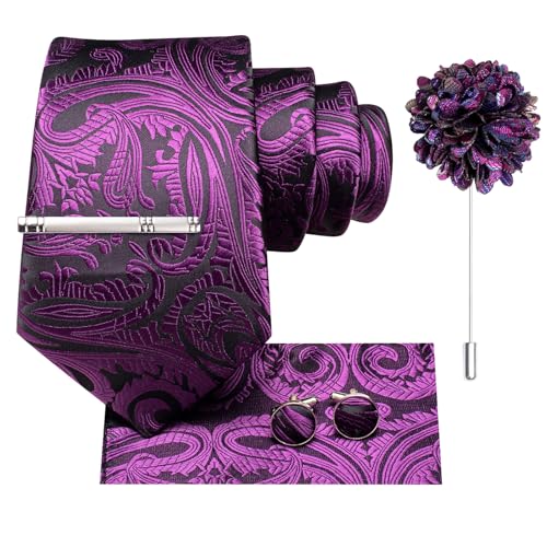 Image of Hi-Tie Grape Purple Paisley Neckties for Men Sets Floral Jacquard Tie and Pocket Square Lapel Pin Silver Tie Clip Cufflinks Set Wedding Business 6PCS