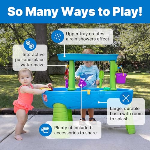 Image of Step2 Rain Showers Splash Pond Water Table for Kids with Cover, Toddler Outdoor Sensory Playset, 13 Accessories, Blue and Green, Ages 18 Months+