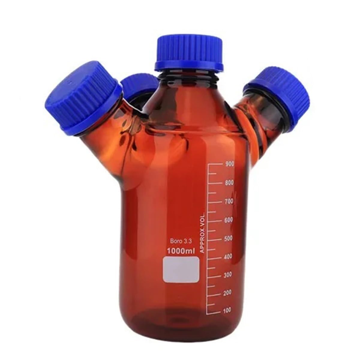 250 ml – 2000 ml, brązowe zakrętki, buteleczki z dwiema / trzema / czterema szyjami do fazy mobilnej, laboratorium (Four-necked 250 ml)