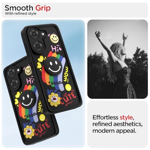 Image of Pikkme Back Cover for Poco C71 / Redmi A5 | Soft Silicone| Cute Rainbow Smile & 3D Cartoon Flower Design | Shockproof Raised Camera Protection Bumper Case (Black)