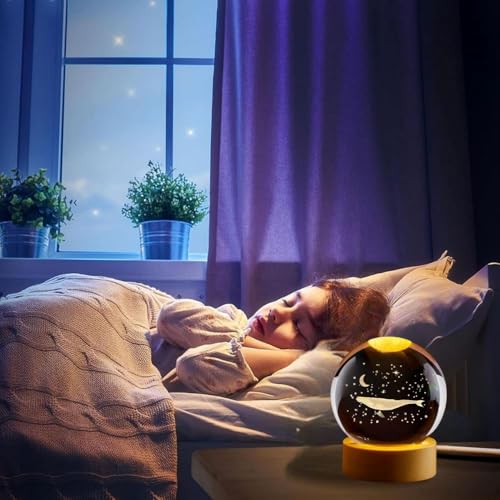 Image of Fish 3D Crystal Ball Night Light with LED Wooden Stand - Glass Sphere Aquarium Style Lamp for Room Decor & Unique Gifts