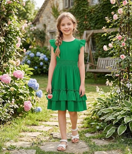 Image of Arshiner Girls Dresses Flutter Sleeve A-Line Sundress Casual Summer Tiered Swing Midi Pocket Dress