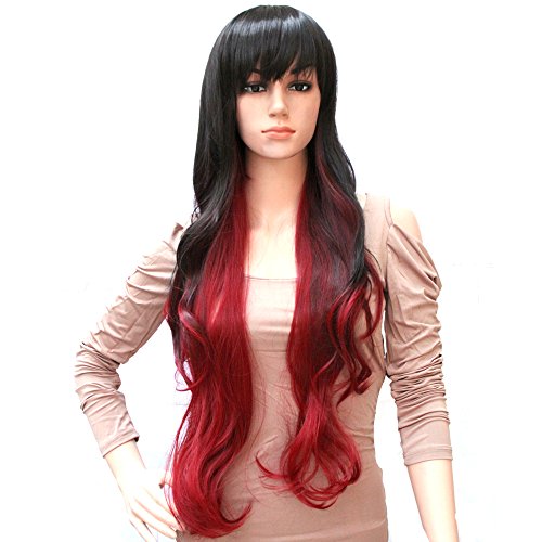 HSG sexy lady long curly hair wigs fluffy black and red wavy wigs with oblique bangs