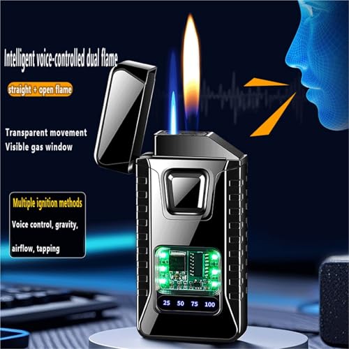 Encendedor de llama doble con control de voz y diseño metálico miniatura 2
