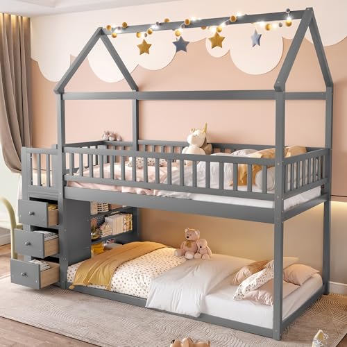 Image of Bellemave Bunk beds Twin Over Twin Size with Drawers and Shelves Storage, Floor bunk Bed,Gray