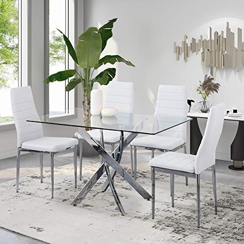GOLDFAN Table et 4 Chaises Table à Manger en Verre Table Rectangulaire Table Cuisine Salon Table en Verre Chaise en Cuir, Blanc