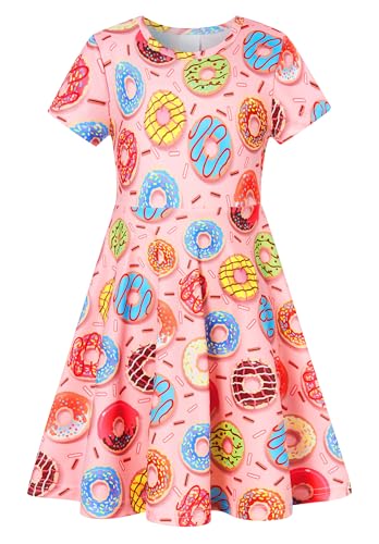 RAISEVERN Little Girls Dress Donut Casual Sundress Short Sleeve Kids Summer Swing Twirly Midi Dresses Size 6