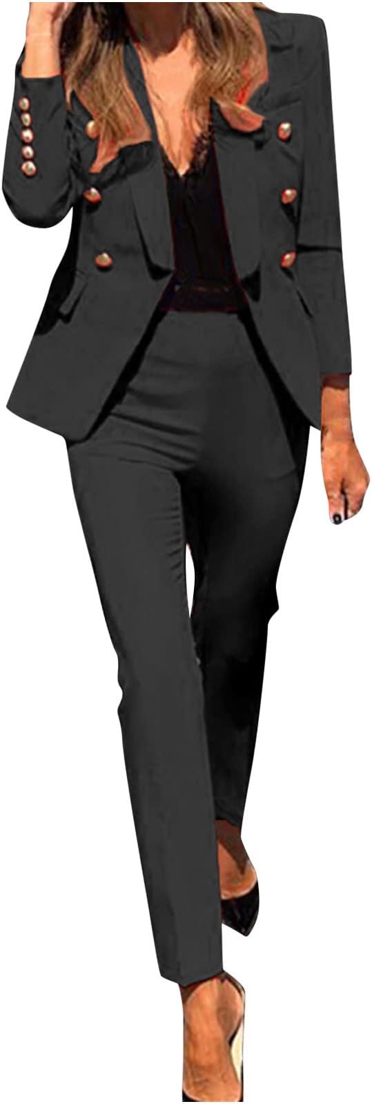 Women's Two-Piece Suit Set Plain Trouser Suit Long Sleeve Blazer Jacket + Bootcut Suit Pants Solid Work Business Office Casual Smart Suit Sets Ladies UK Clearance
