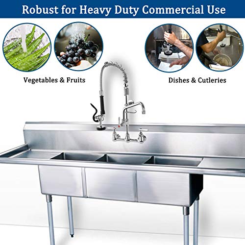 Pre-Rinse Commercial Kitchen Faucet, 25” Height Sink Faucet with 12” Add-on Spout, 8'' Adjustable Center Wall Mount, Pull down Sprayer, Stainless Steel Hose, Solid Brass, Chrome