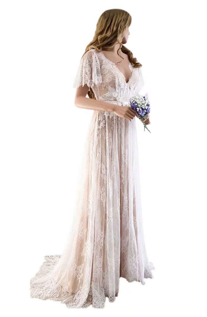 Andybridal Women's Bohemian V Neck Open Back Bead Lace Chiffon Belt Long Beach Wedding Dress with Sleeves