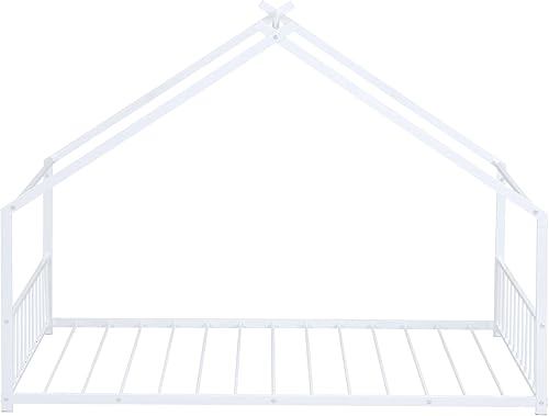 Miniatura 6 de Cama individual para niños, marco de cama individual con cabecero y estribo, cama de metal individual para niños, niñas, niños (blanco)