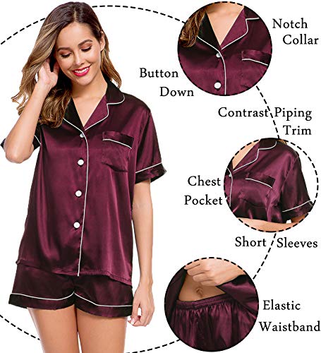 Image of LecGee Womens Silk Satin Pajamas Short Sleeve Loungewear Two-Piece Sleepwear Button-Down Pj Set