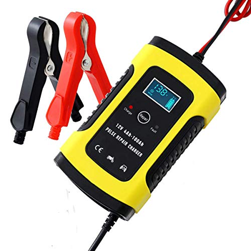 Acculader voor auto, motorfiets, 12 V, 6 A, oplader voor droge en natte accu, met LCD-display voor motorfietsen, ATV