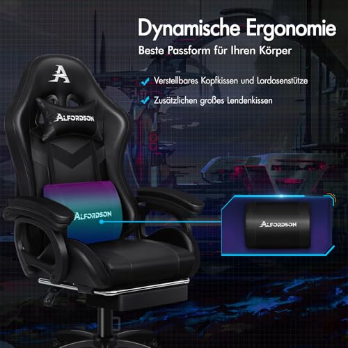 ALFORDSON Gaming Stuhl, Racing Gamer Stuhl mit LED RGB Beleuchtung, Massaging Computersessel mit Fußstütze, Ergonomischer Drehstuhl mit hebelbetätigter Rückenlehne, Schwarz – Bild 5