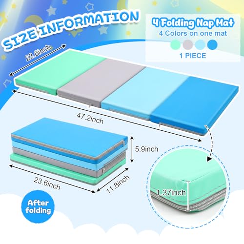Image of Wesiti 1 Pcs Nap Mats for Preschool 1.37 Inch Thick 47x24 Folding Rest Mat 4 Section, Sleeping Pad for Kids Children Daycare Nap School Classroom Kindergarten Daycare Travel Home Green Blue