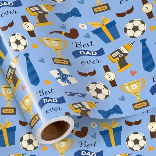 RUSPEPA Papier cadeau Fête des Pères, mini rouleau, motif trophée et cadeau « Best Dad Ever », papier bleu pour hommes, papa, mari, grand-père, fête des...