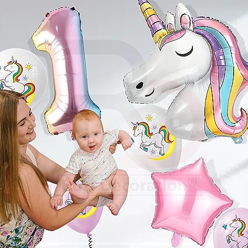 Image of Rozi Decoration Unicorn 1st Birthday Balloon Kit - 7 Pcs Set with Large Unicorn Foil Balloon, Number 1 Foil Balloon & Latex Balloons for Baby Girl & Boy First Birthday Party Decoration