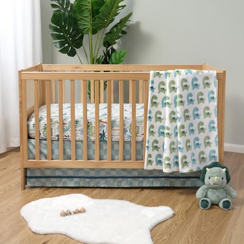 Image of The Peanutshell Baby Crib Bedding Set for Boys - 3 Pieces - Newborn, Infant & Toddler Bed - Dino Fitted Crib Sheet and Plush Baby Blanket Set with Checkered Dust Ruffle - Dinosaur Nursery Decor
