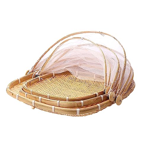 ASkinds 3Pcs Bamboo Serving Food Tent Basket with Cover, Square Hand-Woven Dustproof Food Serving Tent Basket for Home, Kitchen, Parties, Picnics, BBQs, Reusable and Collapsible(S+M+L)