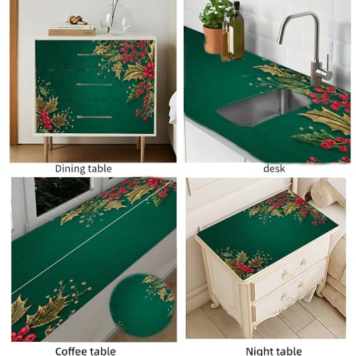Image of Green Gold Holly Berry Desktop Sticker 39.37x23.62In, Classic Christmas Corner Desk Decal, Easy Clean Table Surface Sticker, Elegant Holiday Home Decor