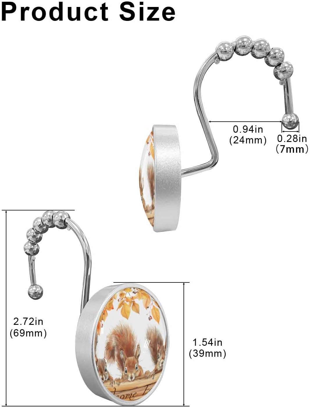 Shower Curtain Hooks 12 Pcs Welcome Fall Squirrel Leaves Wood Board Stainless Steel Rust Proof Rolling Shower Curtain Rings, Decorative Shower Curtain Hooks Hangers for Bathroom