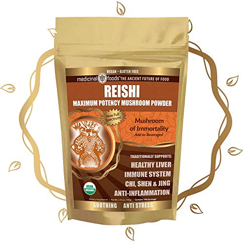 Medicinal Foods Reishi Mushroom Powder - Highest Potency, Full-Spectrum, Soothing, Anti-Stress, for Smoothies & Tea, Organic, Vegan, Non-GMO, Gluten-Free (100 Servings)