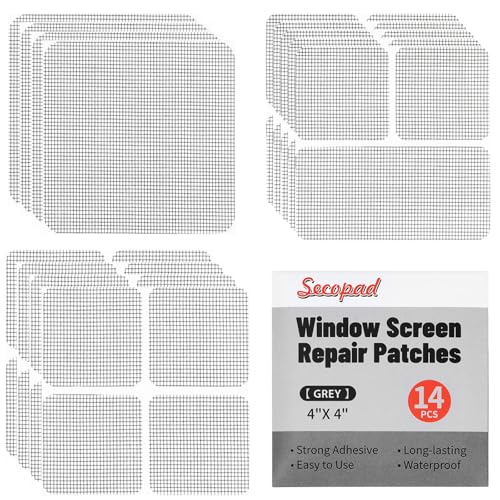 Secopad Kit di riparazione per finestre e porte a rete, 3 misure, 14 fogli, colore grigio/nero, nastro adesivo in fibra di vetro resistente