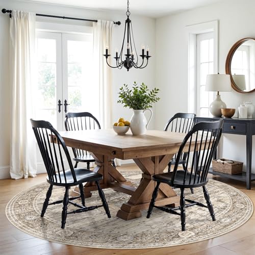 RUUGME Washable 6 ft Round Rug - Boho Rugs for Living Room Stain Resistant Carpet Vintage Tribal Rugs for Bedroom Kitchen Dining Room with Non Slip Backing Home Decor Floor Decoration Mat 6ft Beige