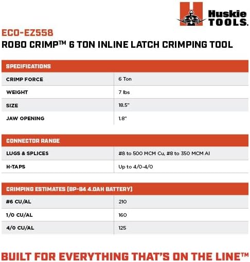 Huskie Tools ECO-EZ558 Robo Crimp Specifications Table