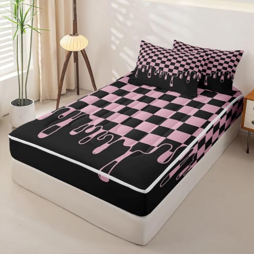 Image of Black Pink Checkered Zipper Bedding 4 Piece Comforter Set - Full Size Zip Up Comforter with Fitted Sheet & 2 Pillowcases,Checkerboard Drip Indie Aesthetic Funky Geometric Bed in a Bag for Kids