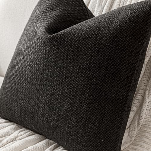 Image of Foindtower Set of 2 Decorative Textured Burlap Linen Throw Pillow Covers Farmhouse Boho Cushion Cover Solid Accent Pillowcase for Couch Sofa Bed Living Room Home Decor, 22x22 Inch,Black