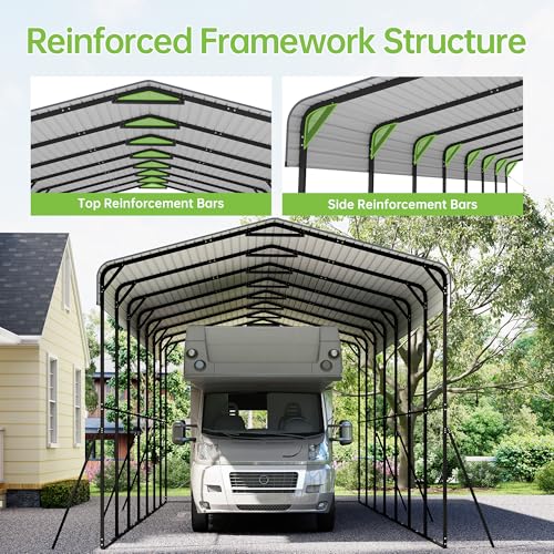 Image of 14x35x13ft RV Metal Carport with Galvanized Steel Roof, Heavy Duty Car Canopy,Outdoor Extra Long & Tall Garage Shelter Shade for RV, SUV, Truck, Tractors and Boats, Tools Gray