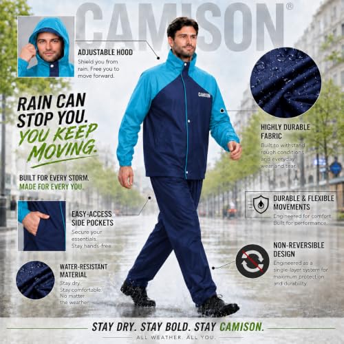 Image of Mens Raincoat Suit with Pant Set Eluxia Series | Waterproof Lightweight Breathable Rain Wear | Elastic Cuff & Waterproof Zipper Raincoat for men waterproof