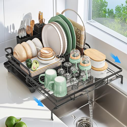Image of DEVA Dish Drying Rack, Stretchable Large Utensils Drying Rack, Stainless Steel Kitchen Dish Rack with Drainer Tray
