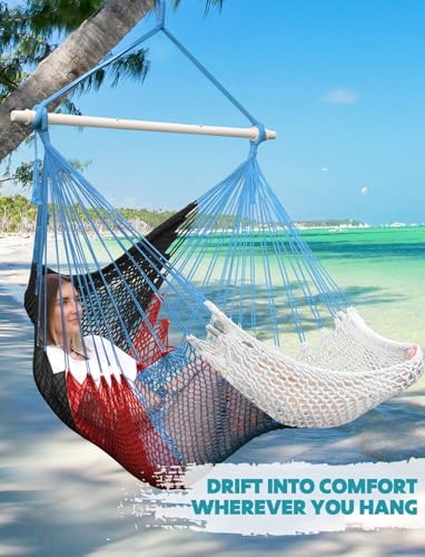 Image of Chihee Handwoven Hammock Chair 7.9ft Detachable Strong Metal Spreader Bar | Stretchy Cotton Blended Rope Large Hanging Chair Ventilated Mesh Swing Seat Color Blocking Portable Carry Bag Indoor Outdoor