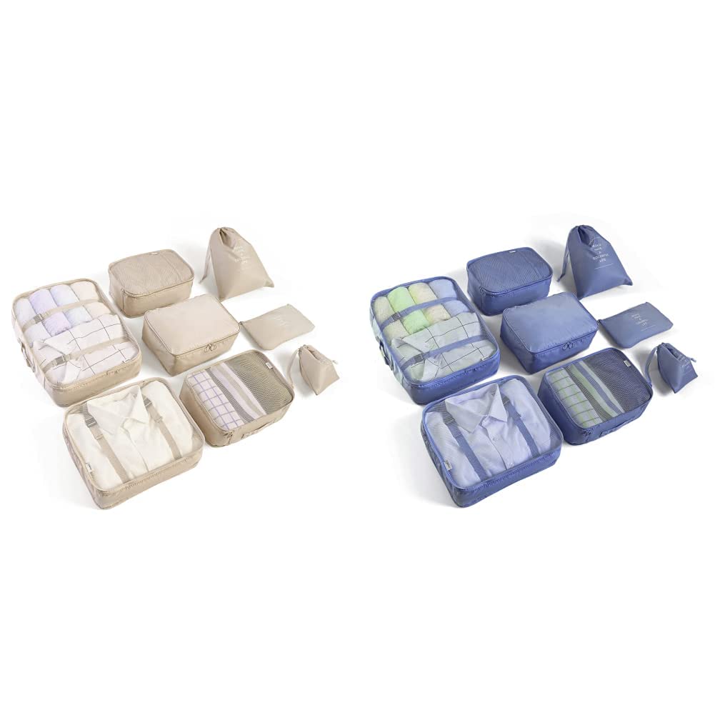 BillyBath Koffer Organizer set (8 teilig, Beige) & Organizer set, Packing Cubes Kleidertaschen Schuhbeutel Reiseorganizer Packwürfel Kosmetik Travel Organizer Packtaschen für Koffer (8 teilig, Navy)